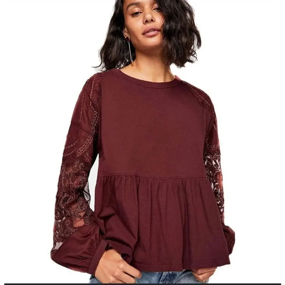 Free People Red Wine Embroidered Penny Tee Mesh Balloon Sleeve Top peasant XS - Picture 1 of 13